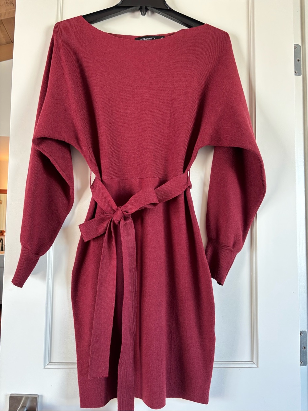 Wine Red Belted Long Sleeve Knit Dress
